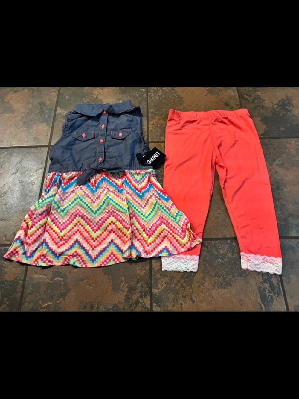 🐝Limited Too Coral Leggings with Chambray Button Top & Chevron Skirt